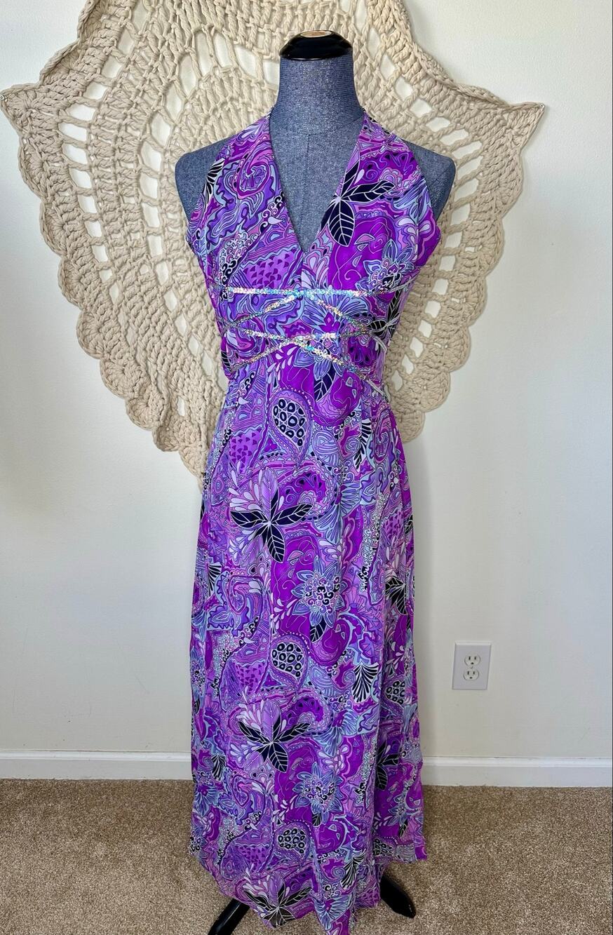 Jessica McClintock Gunne Sax Millenium 2000 Purple Halter Sequin Dress Small